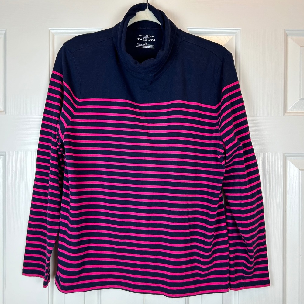 Talbots Navy Pink Striped Turtleneck Long Sleeve Cotton Tee Women's XL